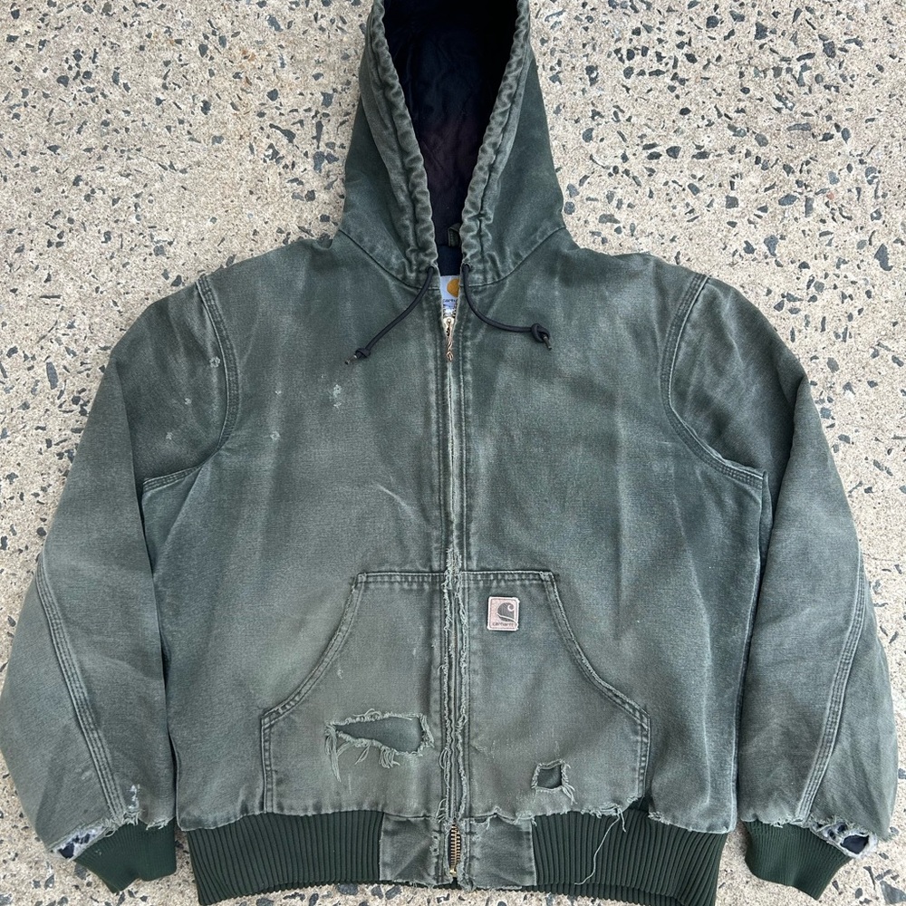 Vintage Carhartt Hooded Jacket Faded And Distressed Green J130 MOS Size M 2007 - Picture 2 of 12